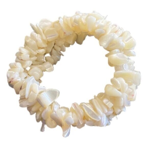 VTG Sea Shell Iridescent Pearl Bracelet Womens Pull On Elastic Summer Resortwear - Picture 1 of 4